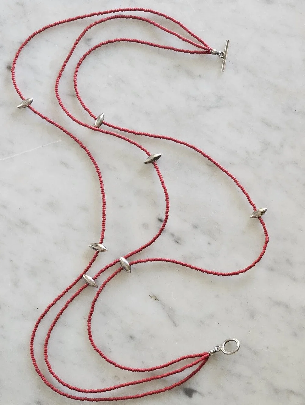 Cabo San Lucas Red Coral and Silver 3 Strand Beaded Necklace/Bracelet or Anklet